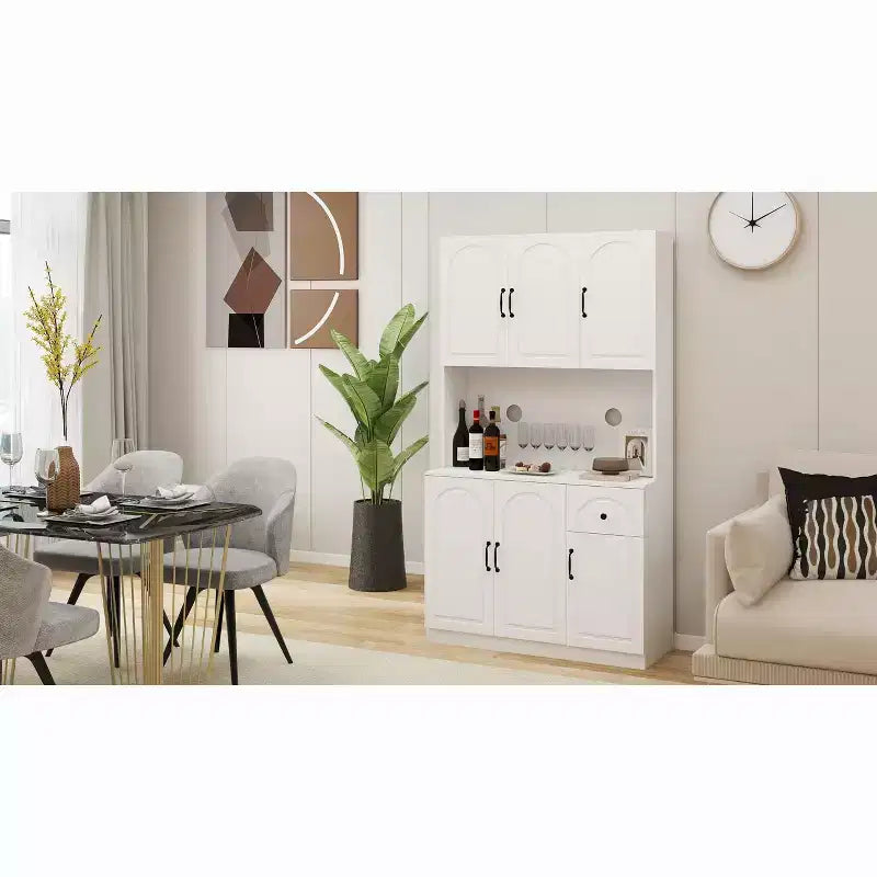 Mobile Dispensa Indipendente in MDF Bianco con Piano per Microonde, 6 Ante, Montaggio in 1 Persona