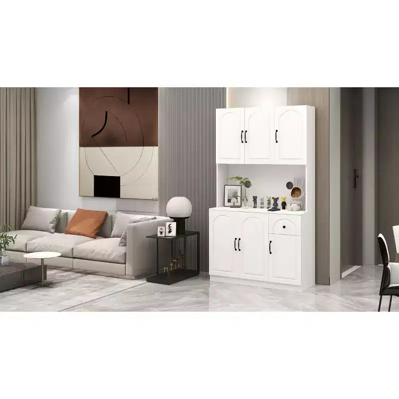 Mobile Dispensa Indipendente in MDF Bianco con Piano per Microonde, 6 Ante, Montaggio in 1 Persona