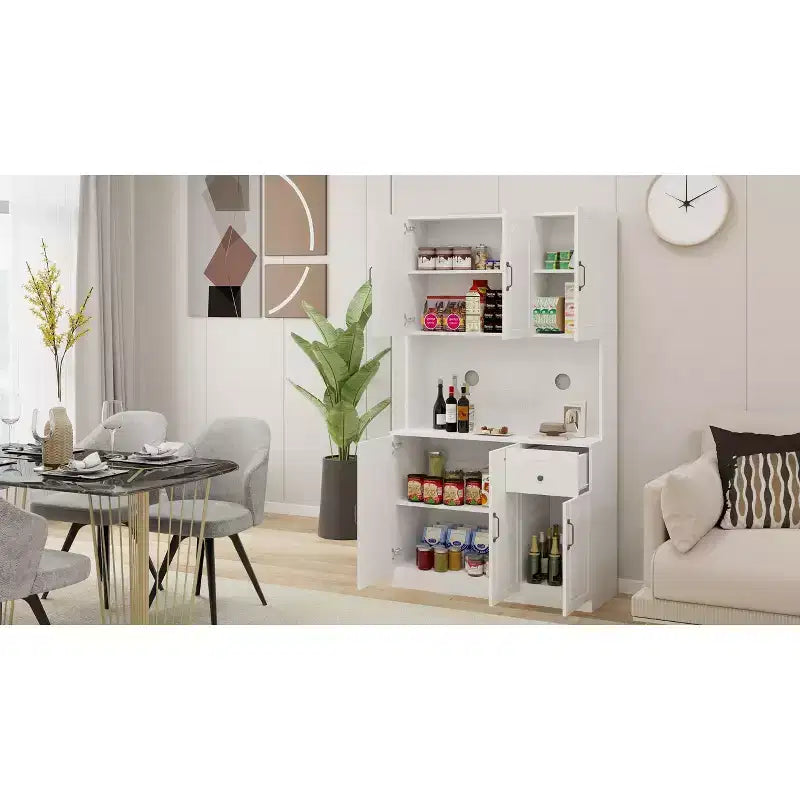 Mobile Dispensa Indipendente in MDF Bianco con Piano per Microonde, 6 Ante, Montaggio in 1 Persona