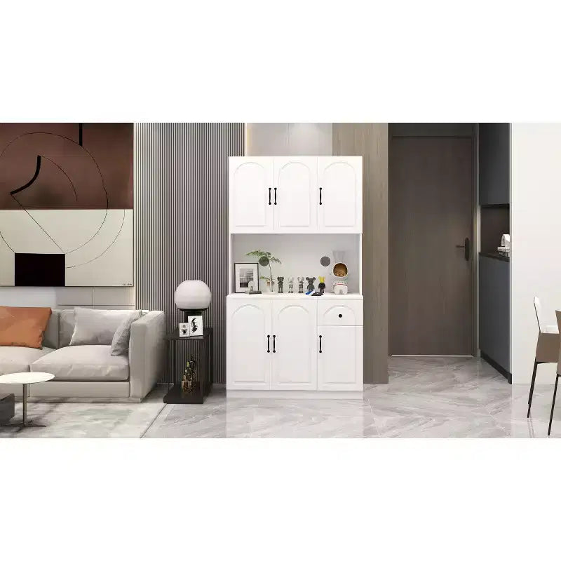 Mobile Dispensa Indipendente in MDF Bianco con Piano per Microonde, 6 Ante, Montaggio in 1 Persona