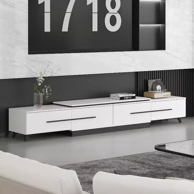 Mobile TV allungabile bianco/nero, stile minimalista, adatto a TV fino a 85", montaggio da 1 persona