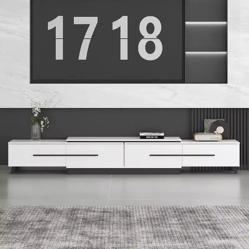 Mobile TV allungabile bianco/nero, stile minimalista, adatto a TV fino a 85", montaggio da 1 persona