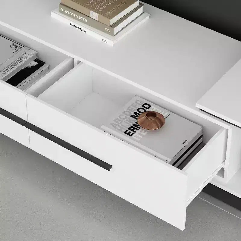 Mobile TV allungabile bianco/nero, stile minimalista, adatto a TV fino a 85", montaggio da 1 persona