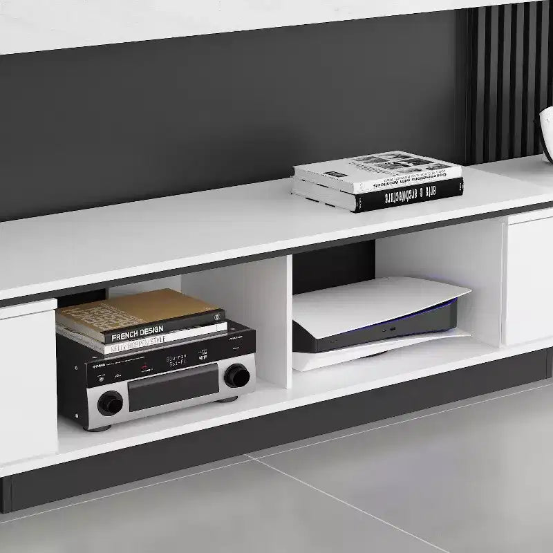 Mobile TV allungabile bianco/nero, stile minimalista, adatto a TV fino a 85", montaggio da 1 persona