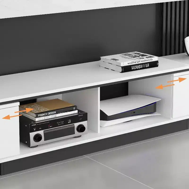 Mobile TV allungabile bianco/nero, stile minimalista, adatto a TV fino a 85", montaggio da 1 persona