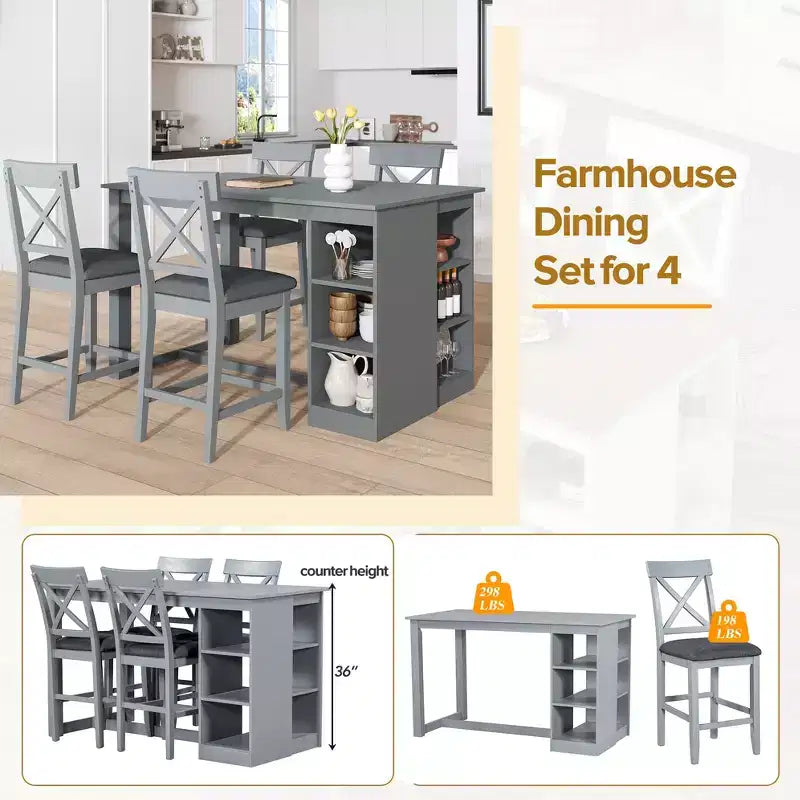 Set tavolo da pranzo altezza bancone grigio/naturale e bianco, 5 pezzi, 4 posti a sedere