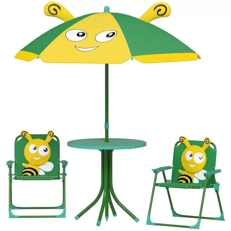 Verde/Rosso, Rotondo, Set Tavolo da Picnic per Bambini con 2 Sedie Pieghevoli e Ombrellone Rimovibile, per Fascia d'Età 2-5