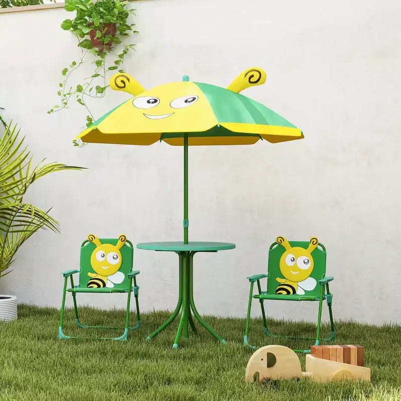 Verde/Rosso, Rotondo, Set Tavolo da Picnic per Bambini con 2 Sedie Pieghevoli e Ombrellone Rimovibile, per Fascia d'Età 2-5