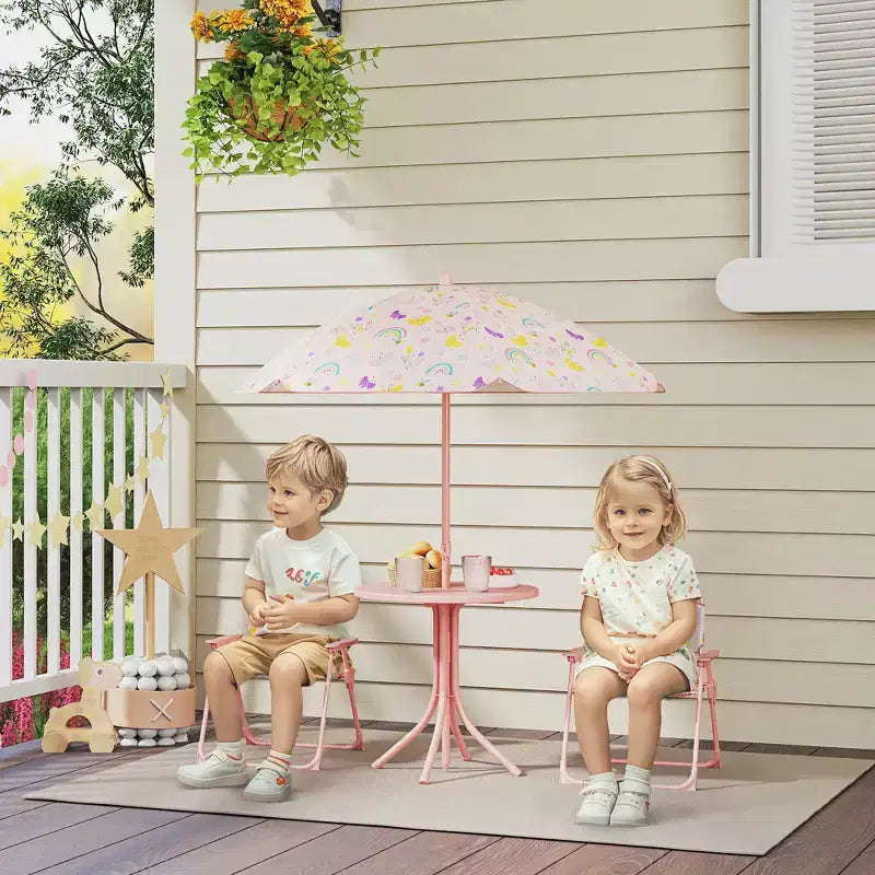 Verde/Rosso, Rotondo, Set Tavolo da Picnic per Bambini con 2 Sedie Pieghevoli e Ombrellone Rimovibile, per Fascia d'Età 2-5
