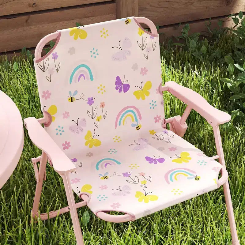 Verde/Rosso, Rotondo, Set Tavolo da Picnic per Bambini con 2 Sedie Pieghevoli e Ombrellone Rimovibile, per Fascia d'Età 2-5