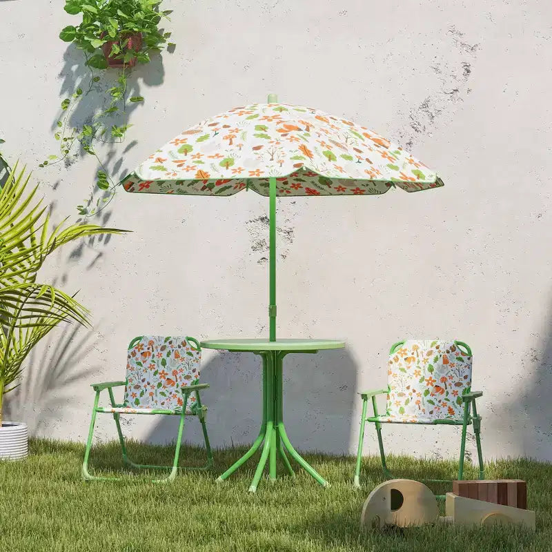 Verde/Rosso, Rotondo, Set Tavolo da Picnic per Bambini con 2 Sedie Pieghevoli e Ombrellone Rimovibile, per Fascia d'Età 2-5