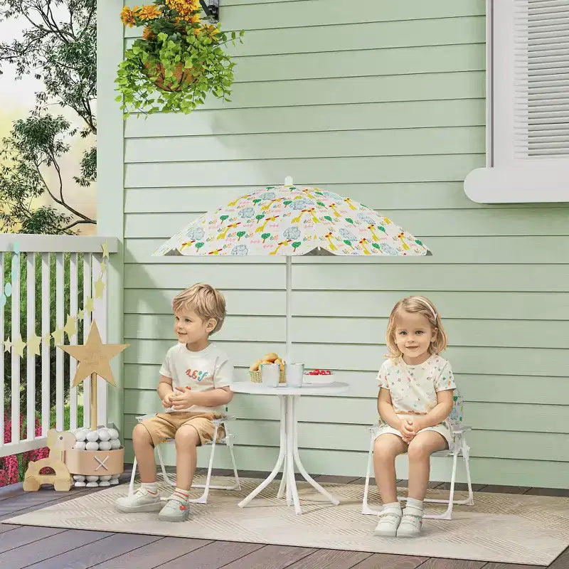 Verde/Rosso, Rotondo, Set Tavolo da Picnic per Bambini con 2 Sedie Pieghevoli e Ombrellone Rimovibile, per Fascia d'Età 2-5
