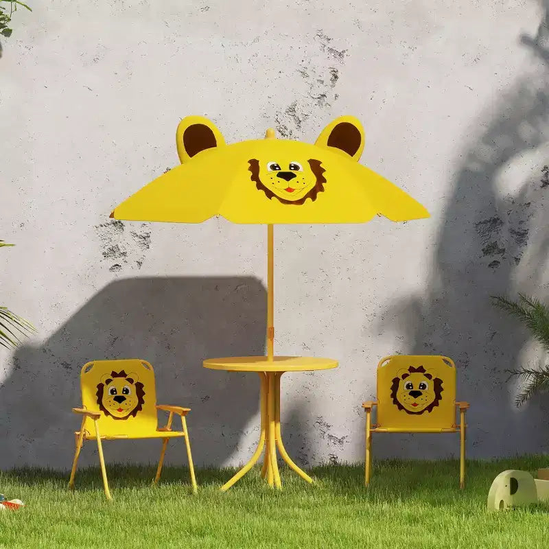 Verde/Rosso, Rotondo, Set Tavolo da Picnic per Bambini con 2 Sedie Pieghevoli e Ombrellone Rimovibile, per Fascia d'Età 2-5