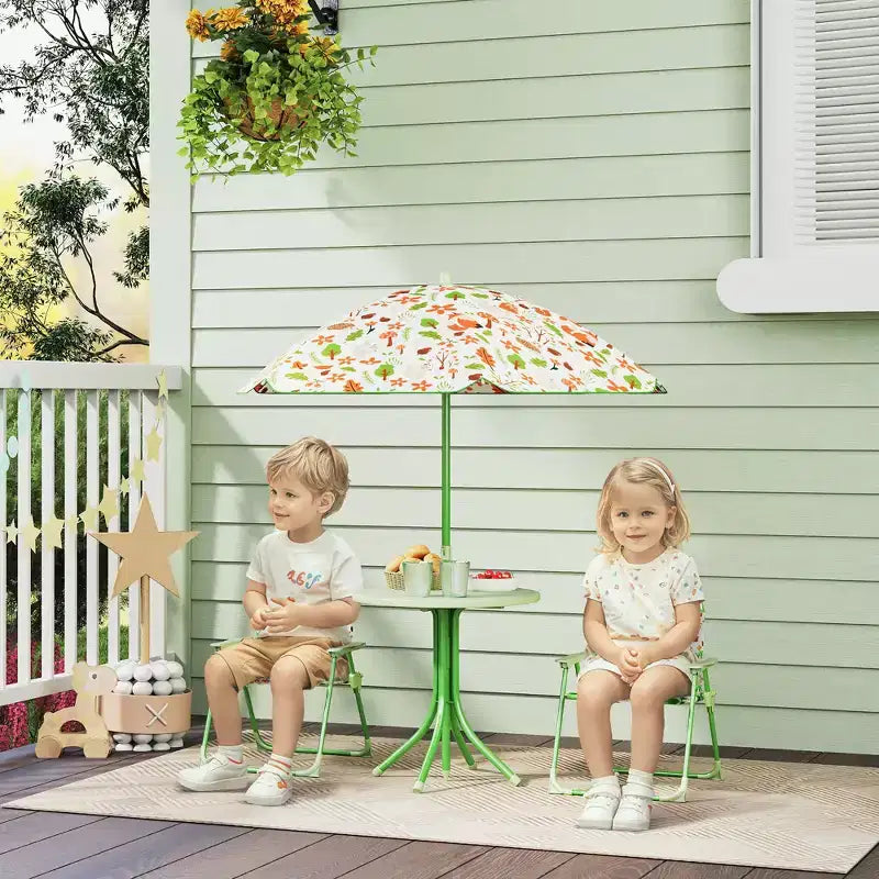 Verde/Rosso, Rotondo, Set Tavolo da Picnic per Bambini con 2 Sedie Pieghevoli e Ombrellone Rimovibile, per Fascia d'Età 2-5