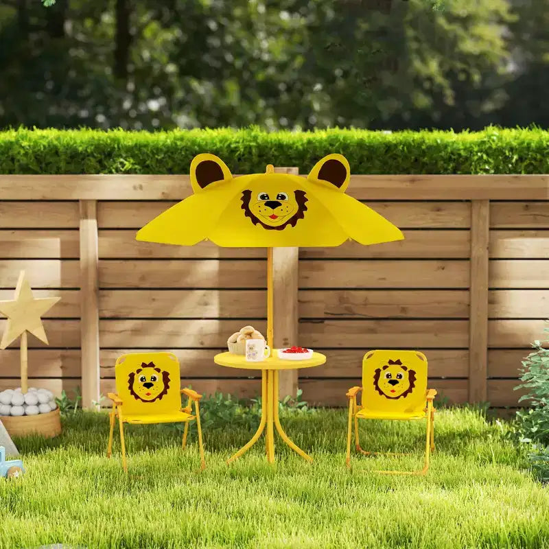 Verde/Rosso, Rotondo, Set Tavolo da Picnic per Bambini con 2 Sedie Pieghevoli e Ombrellone Rimovibile, per Fascia d'Età 2-5