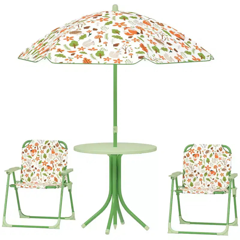 Verde/Rosso, Rotondo, Set Tavolo da Picnic per Bambini con 2 Sedie Pieghevoli e Ombrellone Rimovibile, per Fascia d'Età 2-5