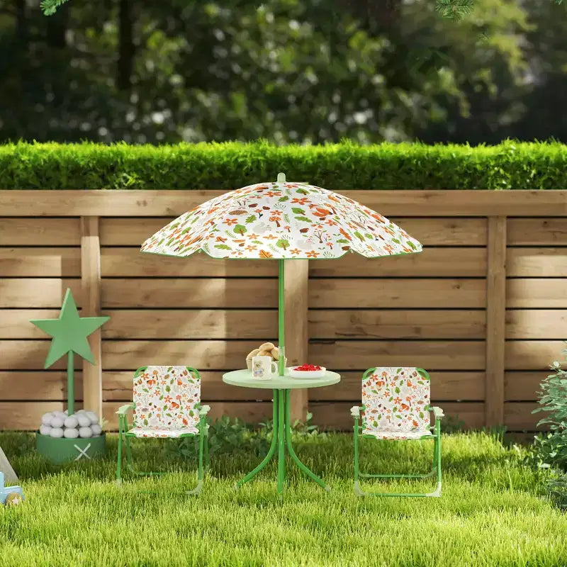 Verde/Rosso, Rotondo, Set Tavolo da Picnic per Bambini con 2 Sedie Pieghevoli e Ombrellone Rimovibile, per Fascia d'Età 2-5
