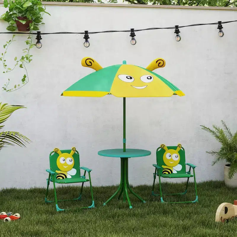 Verde/Rosso, Rotondo, Set Tavolo da Picnic per Bambini con 2 Sedie Pieghevoli e Ombrellone Rimovibile, per Fascia d'Età 2-5