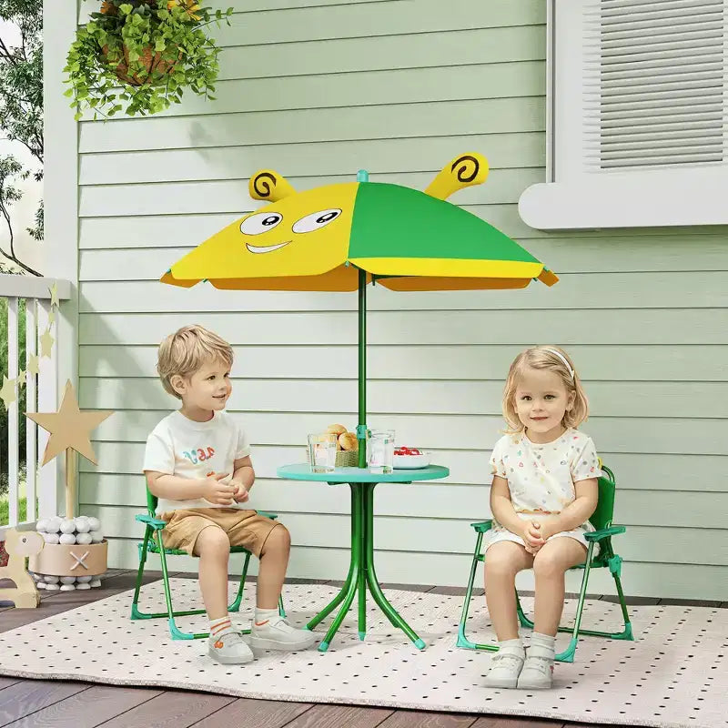 Verde/Rosso, Rotondo, Set Tavolo da Picnic per Bambini con 2 Sedie Pieghevoli e Ombrellone Rimovibile, per Fascia d'Età 2-5