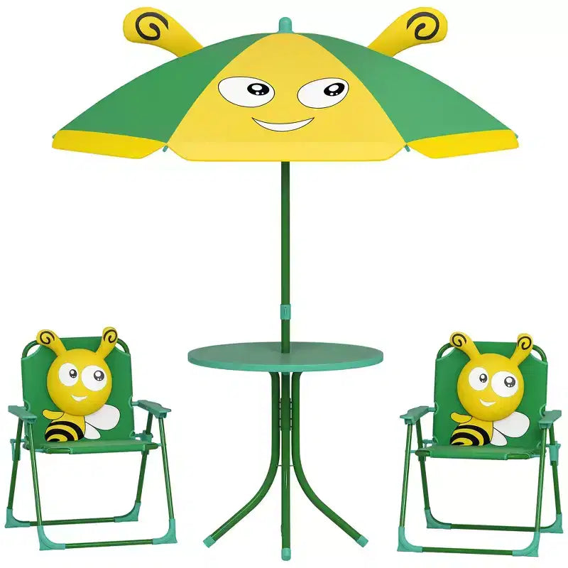 Verde/Rosso, Rotondo, Set Tavolo da Picnic per Bambini con 2 Sedie Pieghevoli e Ombrellone Rimovibile, per Fascia d'Età 2-5