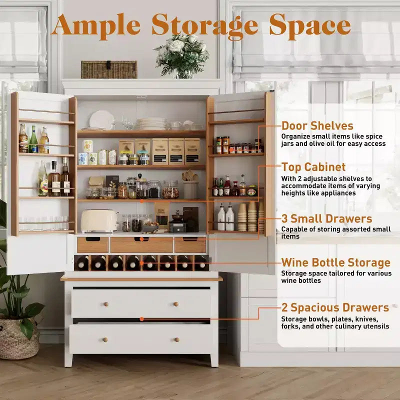 Dispensa da cucina White & Oak da 177 cm con cassetti, armadio a 2 ante