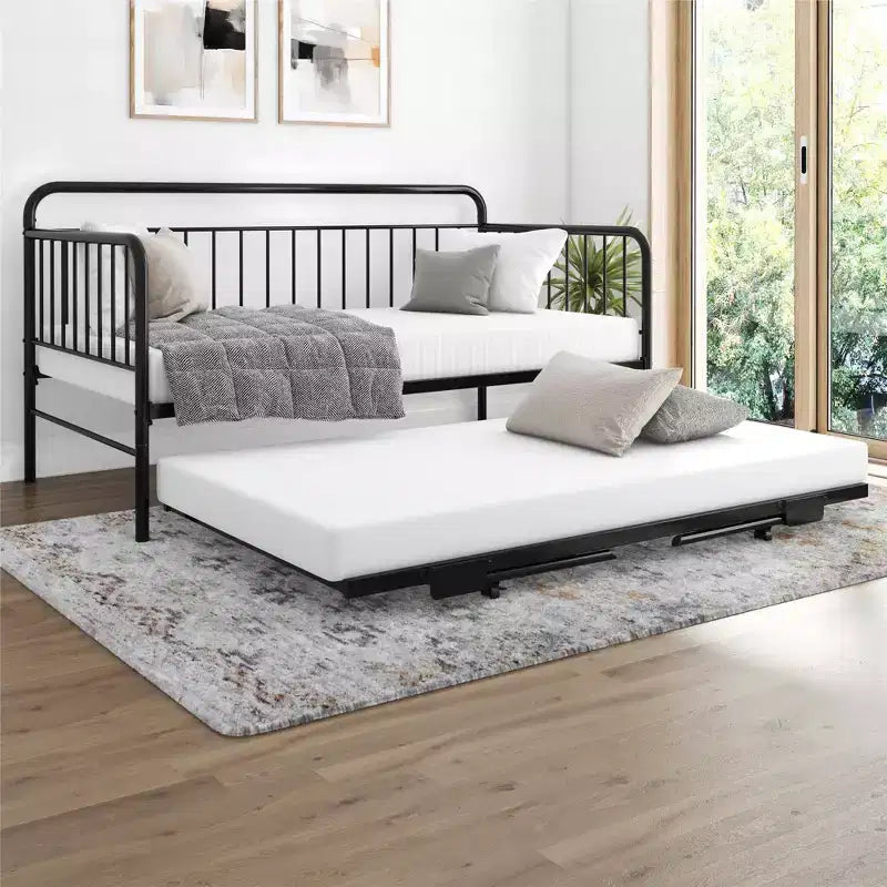 Divano Letto in Metallo Nero con Letto Estraibile a Scomparsa, Una Piazza e Mezza, Per 2 Persone