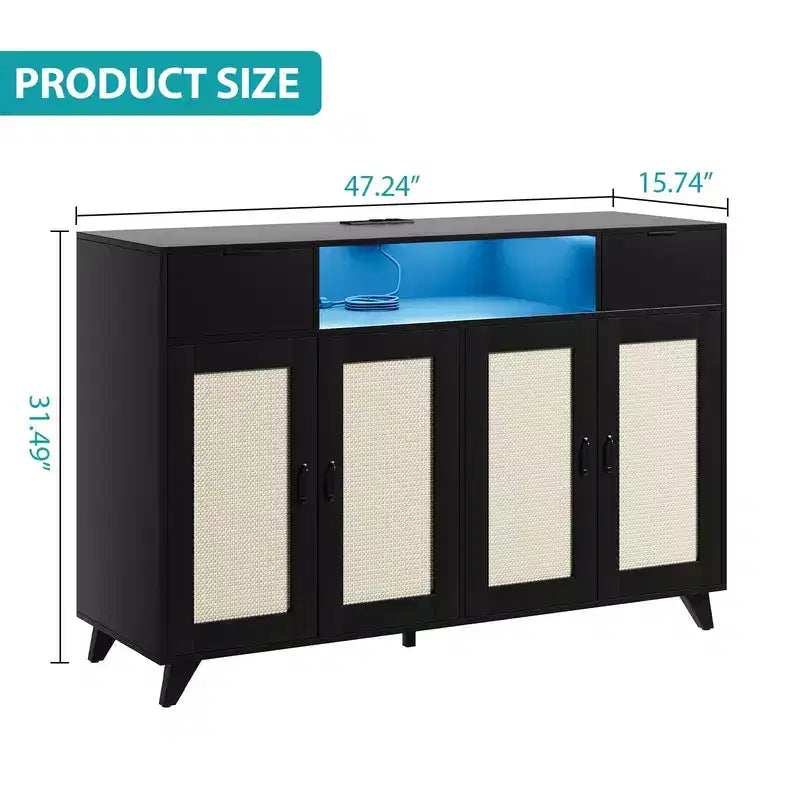 Madia in Rattan Naturale, Mobile Contenitore a 4 Ante e 2 Cassetti con Presa di Corrente, Montaggio per 1 Persona