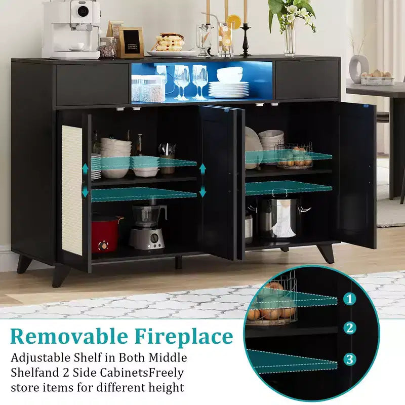 Madia in Rattan Naturale, Mobile Contenitore a 4 Ante e 2 Cassetti con Presa di Corrente, Montaggio per 1 Persona