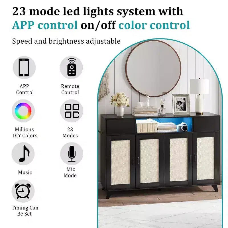 Madia in Rattan Naturale, Mobile Contenitore a 4 Ante e 2 Cassetti con Presa di Corrente, Montaggio per 1 Persona