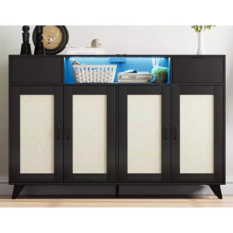 Madia in Rattan Naturale, Mobile Contenitore a 4 Ante e 2 Cassetti con Presa di Corrente, Montaggio per 1 Persona