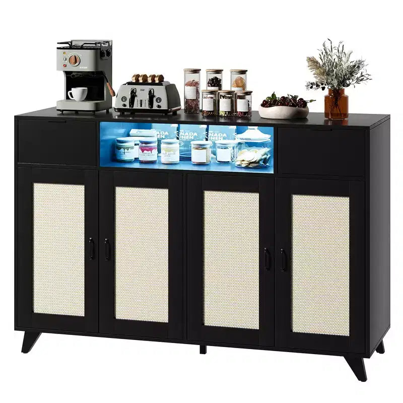 Madia in Rattan Naturale, Mobile Contenitore a 4 Ante e 2 Cassetti con Presa di Corrente, Montaggio per 1 Persona