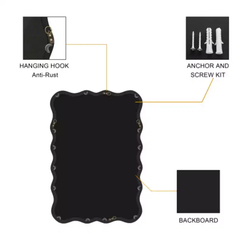 Specchio da parete rettangolare ondulato nero, 40"x28", singolo