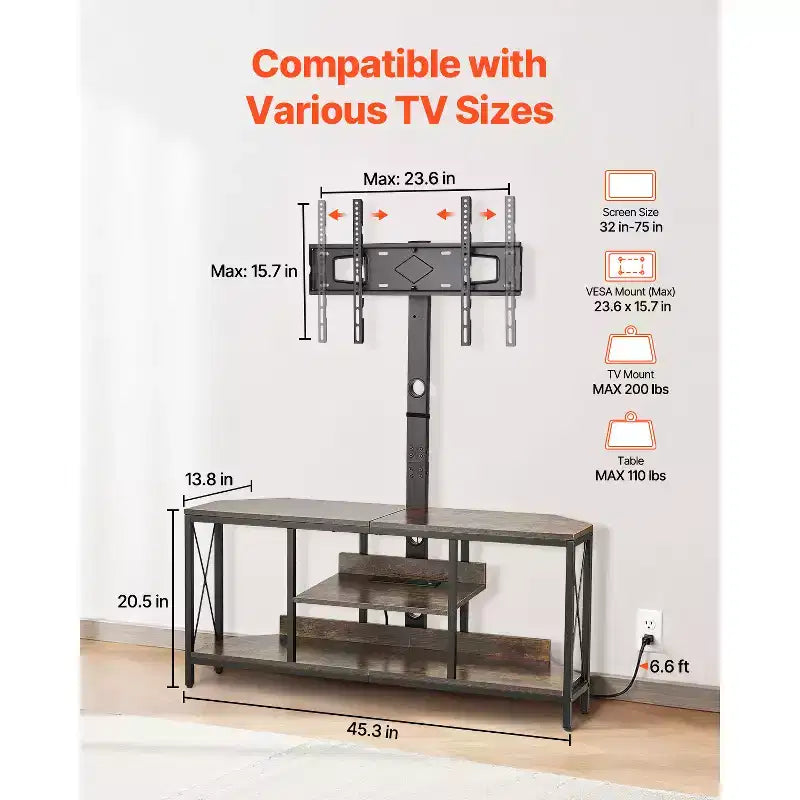 Mobile TV marrone con supporto, singolo, regolabile in altezza, adatto fino a 75"