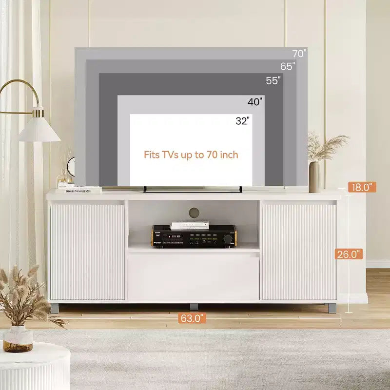 Mobile TV bianco scanalato con cassetto e 2 ante, adatto fino a 70"