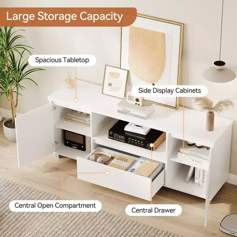 Mobile TV bianco scanalato con cassetto e 2 ante, adatto fino a 70"