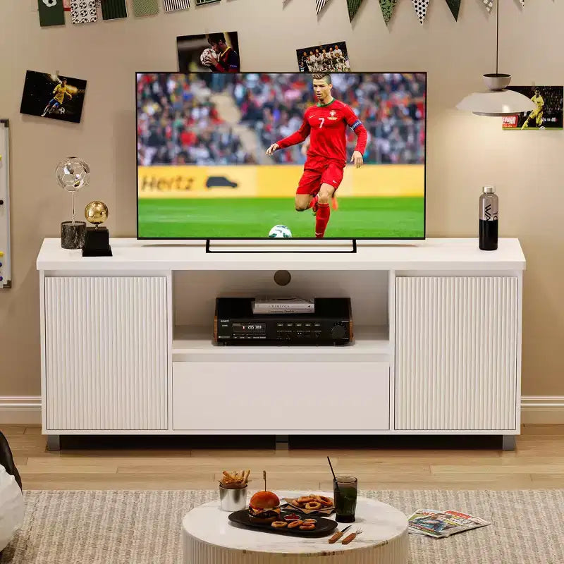 Mobile TV bianco scanalato con cassetto e 2 ante, adatto fino a 70"