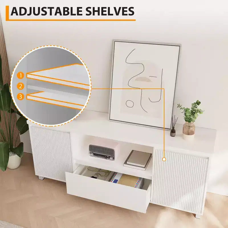 Mobile TV bianco scanalato con cassetto e 2 ante, adatto fino a 70"
