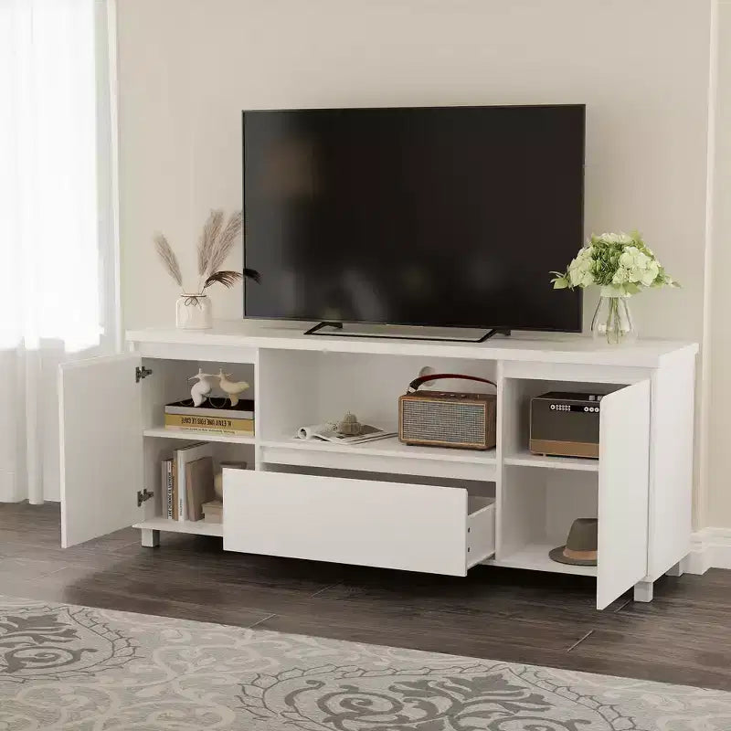 Mobile TV bianco scanalato con cassetto e 2 ante, adatto fino a 70"