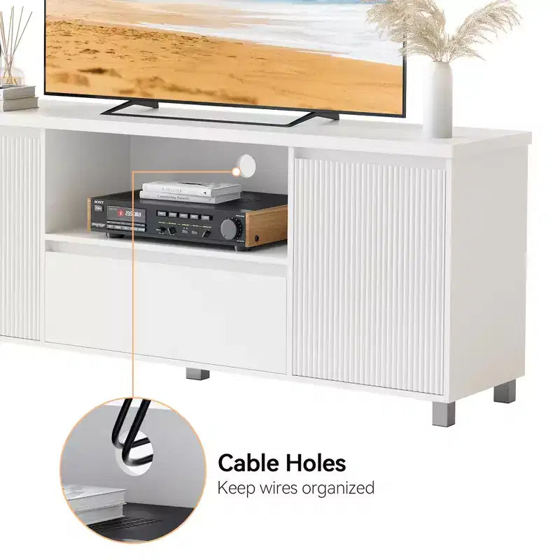Mobile TV bianco scanalato con cassetto e 2 ante, adatto fino a 70"