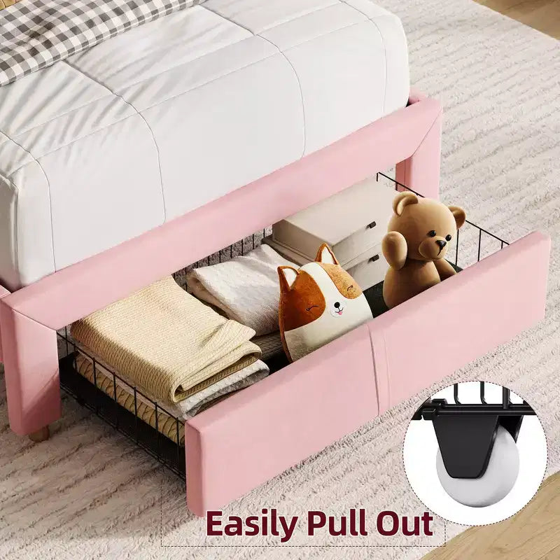 Letto a piattaforma singolo in velluto azzurro/rosa chiaro/bianco sporco con testiera libreria