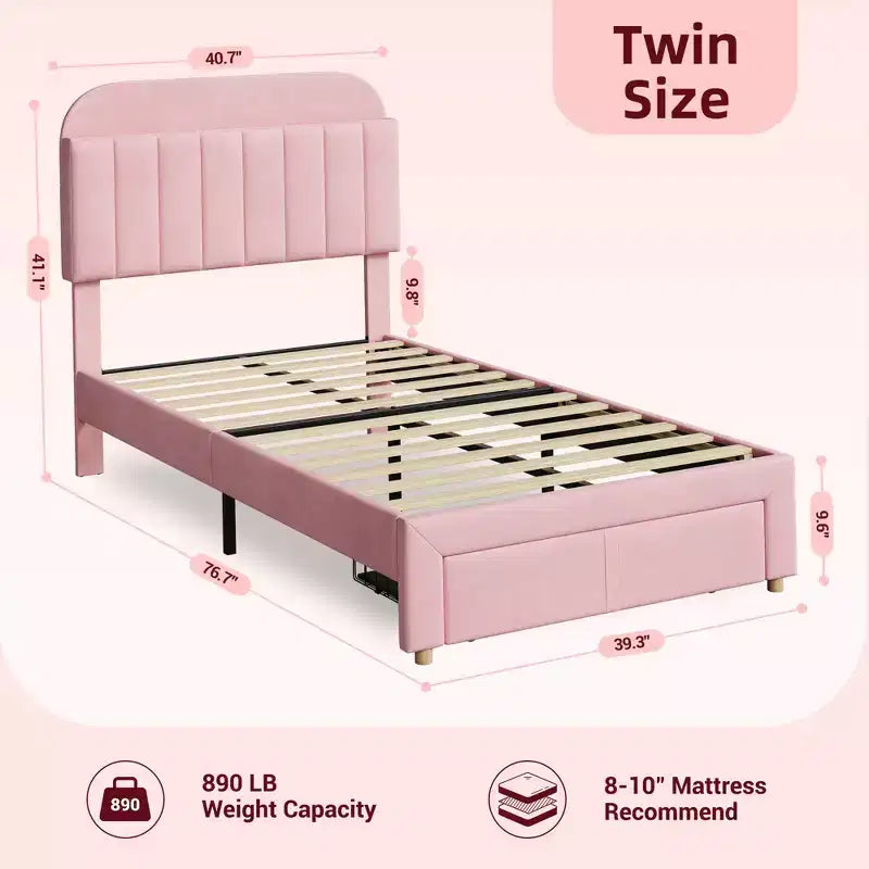 Letto a piattaforma singolo in velluto azzurro/rosa chiaro/bianco sporco con testiera libreria