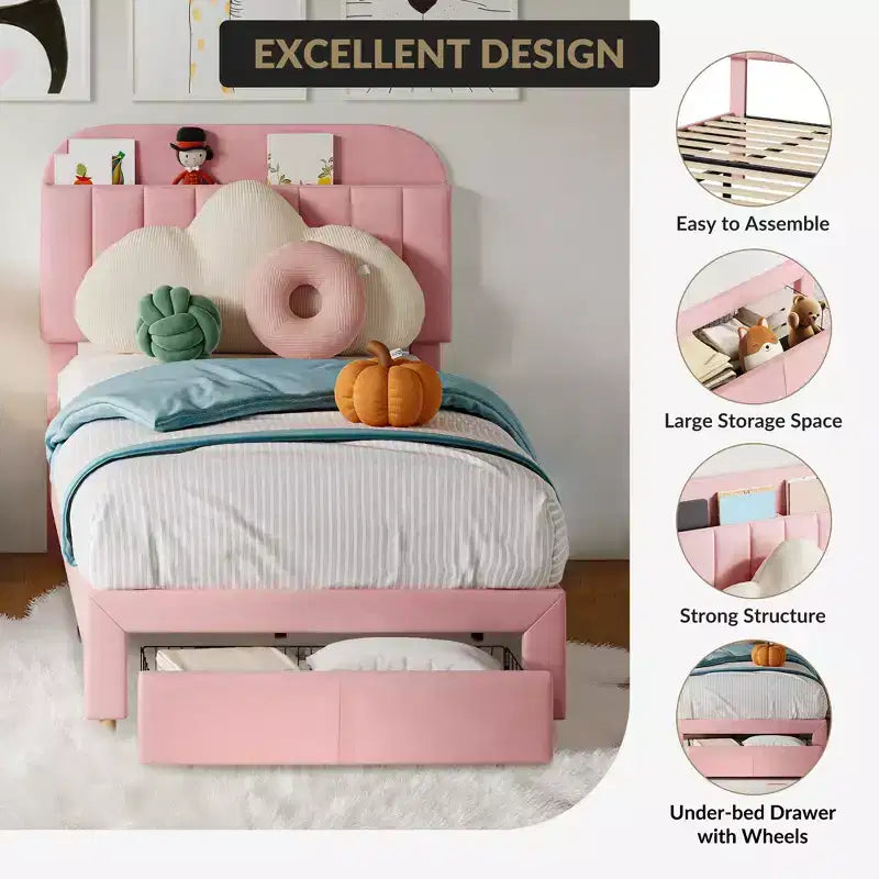 Letto a piattaforma singolo in velluto azzurro/rosa chiaro/bianco sporco con testiera libreria