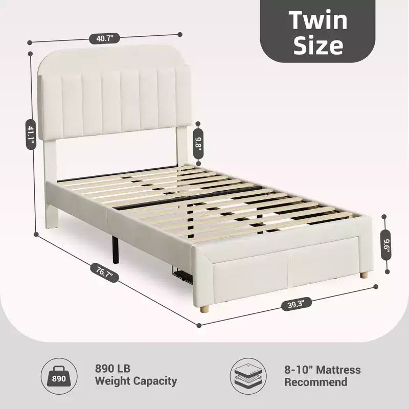 Letto a piattaforma singolo in velluto azzurro/rosa chiaro/bianco sporco con testiera libreria