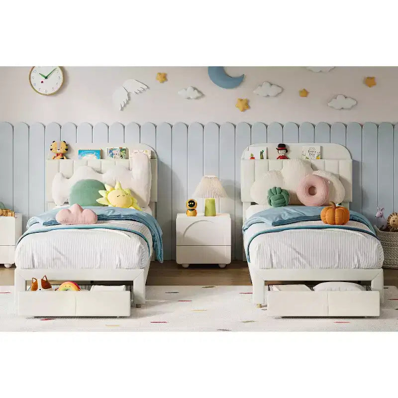 Letto a piattaforma singolo in velluto azzurro/rosa chiaro/bianco sporco con testiera libreria
