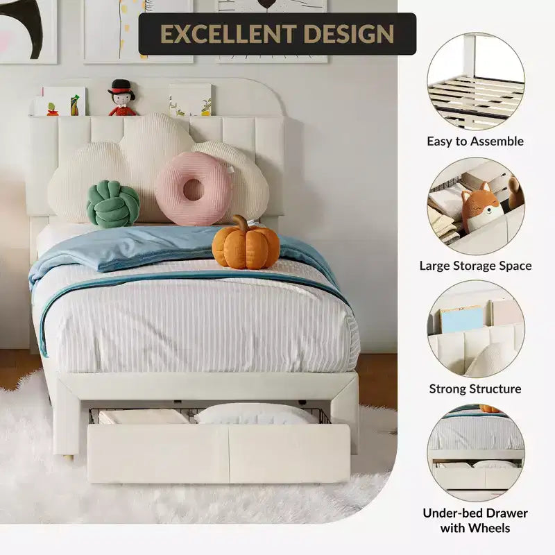 Letto a piattaforma singolo in velluto azzurro/rosa chiaro/bianco sporco con testiera libreria