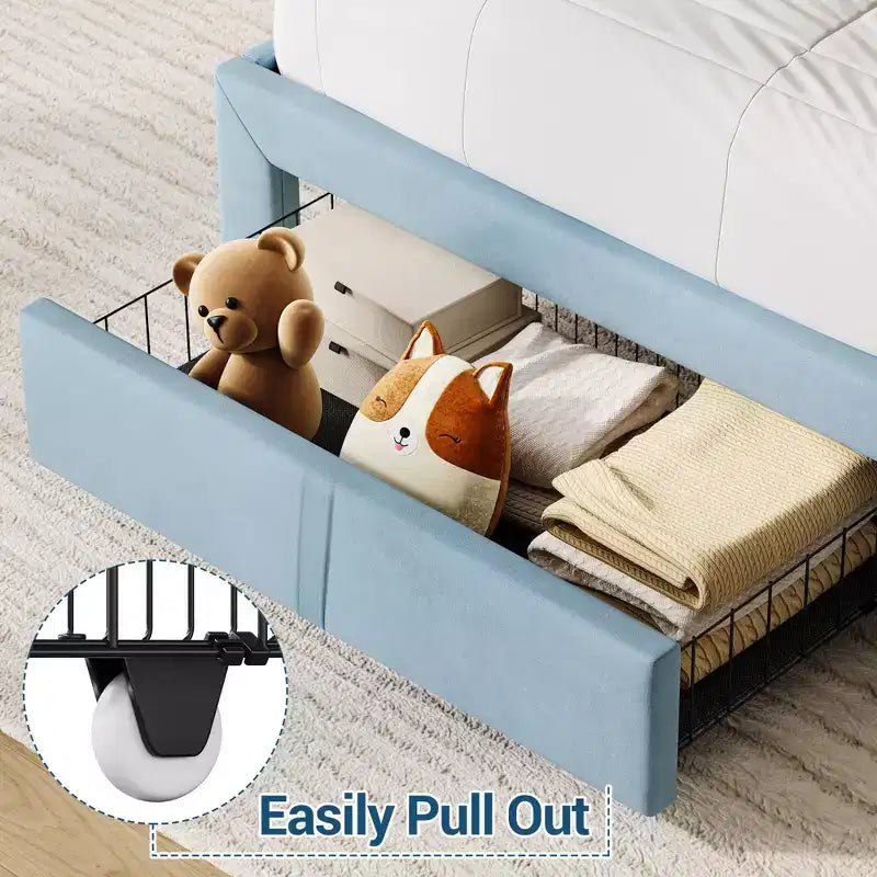 Letto a piattaforma singolo in velluto azzurro/rosa chiaro/bianco sporco con testiera libreria