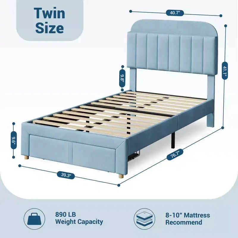 Letto a piattaforma singolo in velluto azzurro/rosa chiaro/bianco sporco con testiera libreria