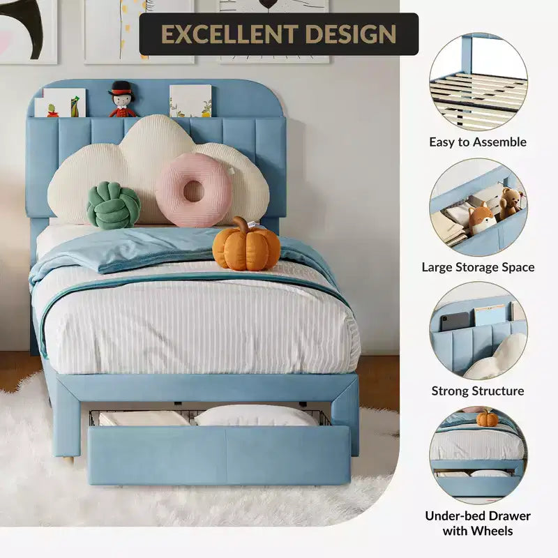 Letto a piattaforma singolo in velluto azzurro/rosa chiaro/bianco sporco con testiera libreria