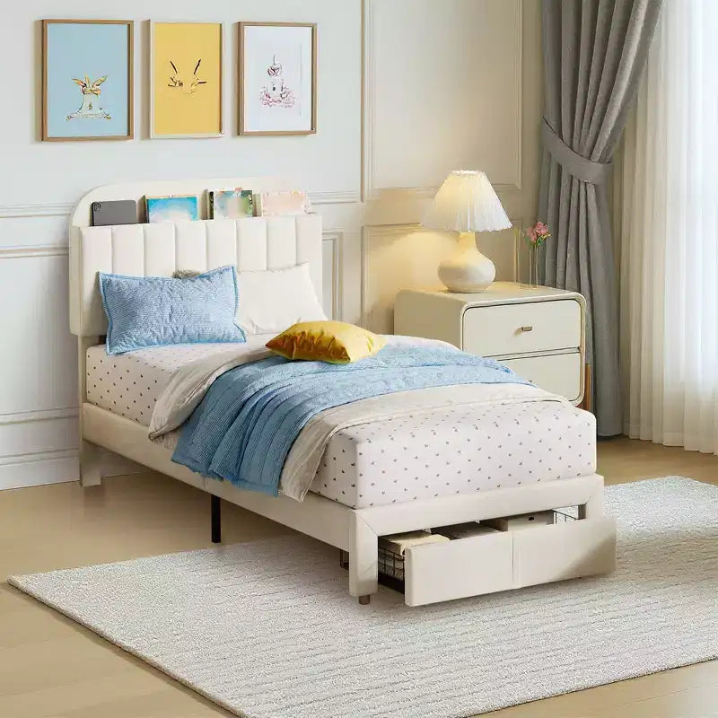 Letto a piattaforma singolo in velluto azzurro/rosa chiaro/bianco sporco con testiera libreria