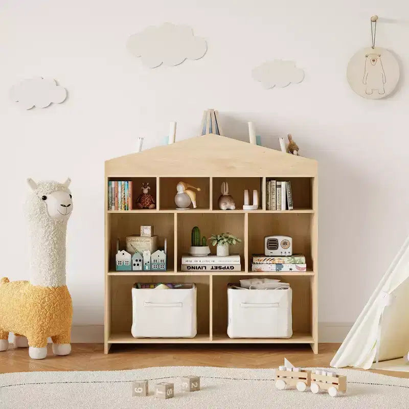 Colore Bianco/Legno, a Forma di Casa, Libreria per Bambini a 9 Scomparti e Porta Giocattoli